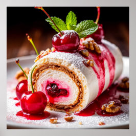 Köstliche Dessertrolle mit frischen Kirschen Poster