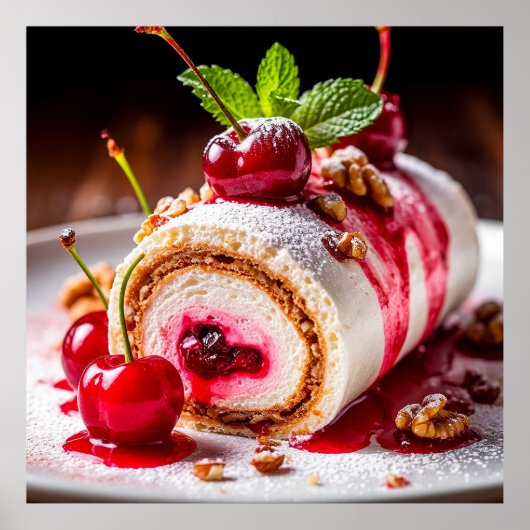 Köstliche Dessertrolle mit frischen Kirschen Poster (Vorne)