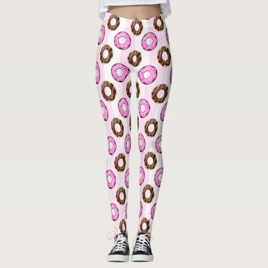 Köstliche Donuts Pink Stripes Muster Leggings (Vorderseite)