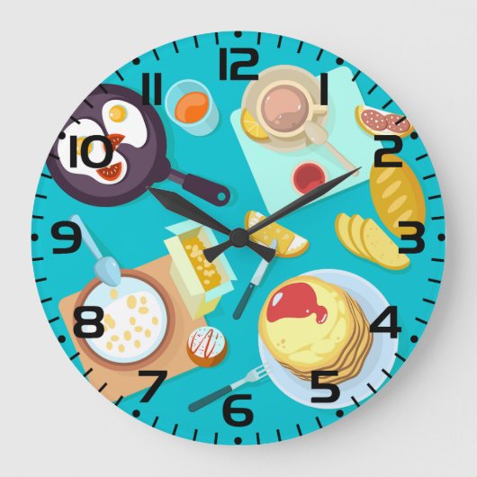 Köstliches Frühstück Pancakes Eierkuchen Kaffee Große Wanduhr (Vorderseite)