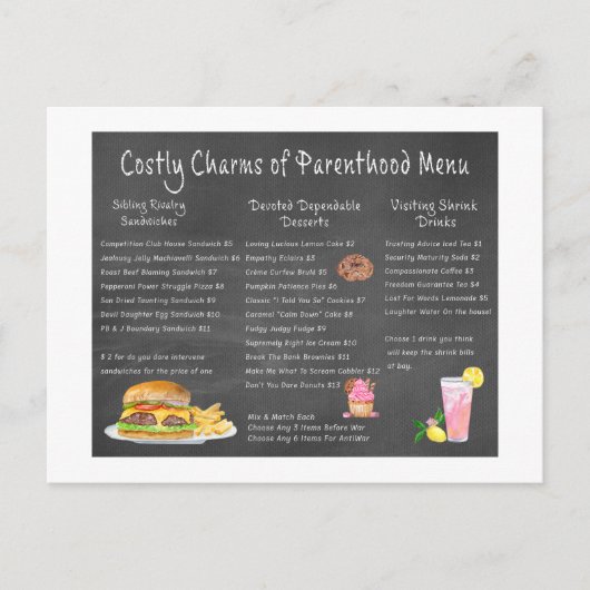 Kostspieliges Parenthood-Menü Postkarte (Vorderseite)