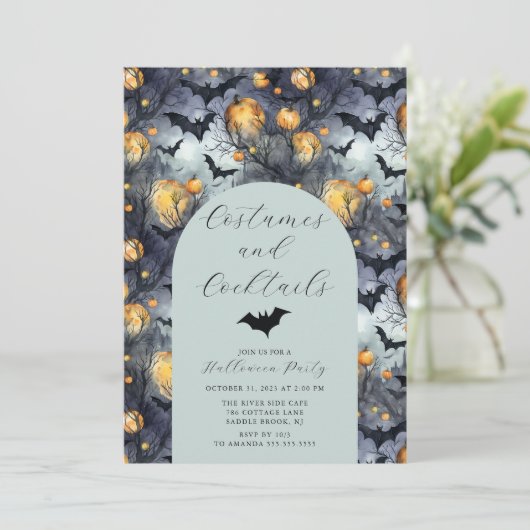 Kostüme und Cocktail-Halloween-Party Einladung (Stehend Vorderseite)