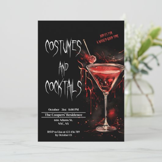 Kostüme und Cocktails Bloody Pop Halloween Einladung (Stehend Vorderseite)