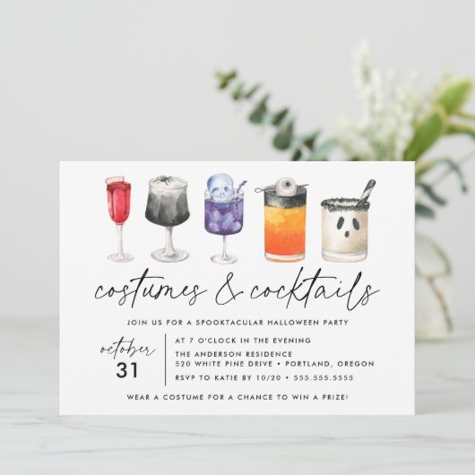 Kostüme und Cocktails Halloween-Party Einladung (Stehend Vorderseite)