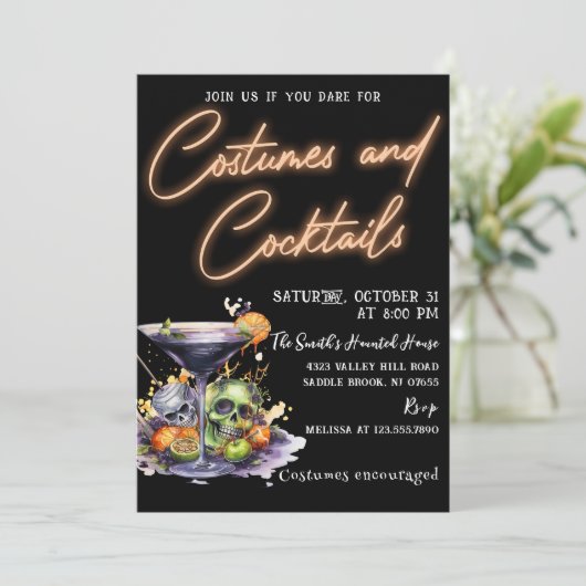 Kostüme und Cocktails Halloween-Party für Erwachse Einladung (Stehend Vorderseite)
