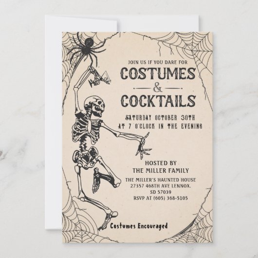 Kostüme und Cocktails Skelett Erwachsene Halloween Einladung (Vorderseite)