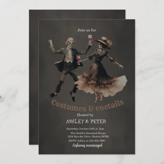 Kostüme und Cocktails Vintag Skelettkehle Hallowee Einladung (Vorne/Hinten)