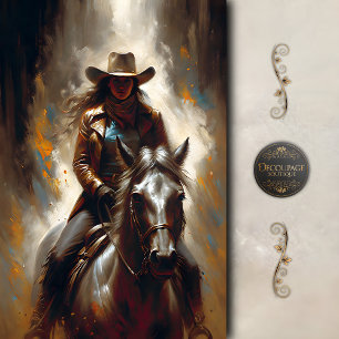 Kowgirl in Leder auf Dunklem Pferd Découpage Seidenpapier