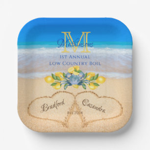 Krabben und Lemon Wedding Hearts in Sand Pappteller