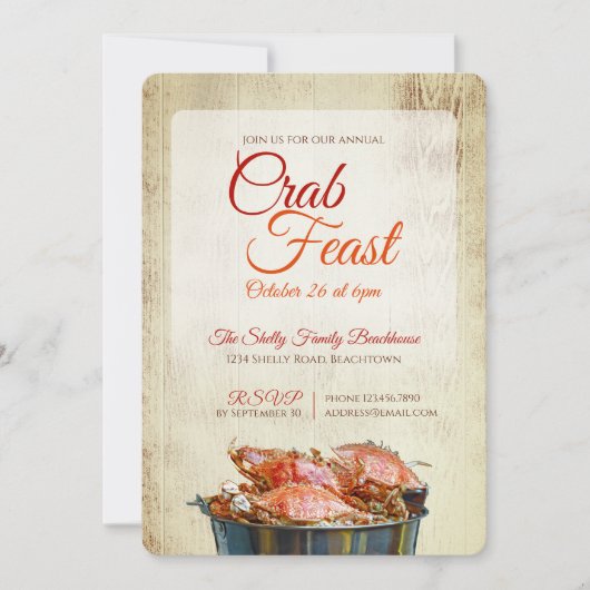 Krabbenfest Küsten-Meeresfrüchte-Abendessen Rustik Einladung (Vorderseite)