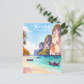 Krabi Thailand Vintage Klippen und Longtail-Boote Postkarte (Stehend Vorderseite)