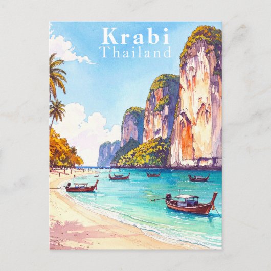 Krabi Thailand Vintage Klippen und Longtail-Boote Postkarte (Vorderseite)