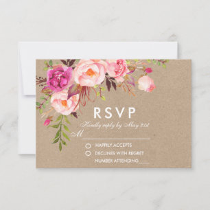 Kraft-Aquarell-Blumenrosa Hochzeit RSVP Karte