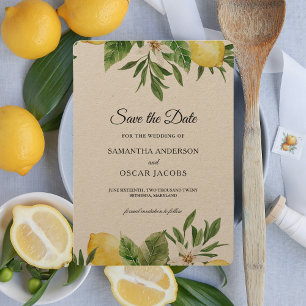 Kraft Aquarell Gelbe Zitronen & Blatt   Save The Date