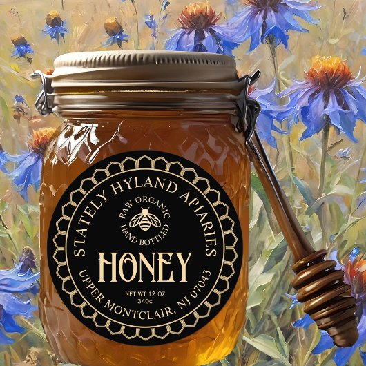 Kraft auf Black Honey Honeycomb Border and Bee Runder Aufkleber