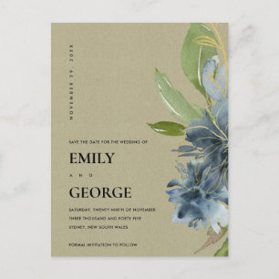 KRAFT BLUE GOLD FLORAL WATERCOLOR SAVE THE DATE ANKÜNDIGUNGSPOSTKARTE