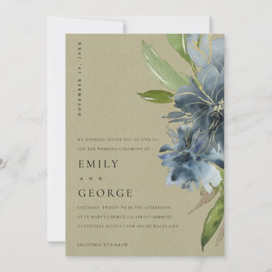 KRAFT BLUE GREEN GOLD FLORAL WEDITE INVITE DANKESKARTE (Vorderseite)