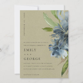 KRAFT BLUE GREEN GOLD FLORAL WEDITE INVITE DANKESKARTE