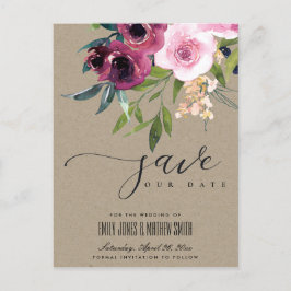 KRAFT BLUSH BURGUNDDY FLORAL BUNCH SAVE THE DATE ANKÜNDIGUNGSPOSTKARTE