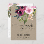 KRAFT BLUSH BURGUNDDY FLORAL BUNCH SAVE THE DATE ANKÜNDIGUNGSPOSTKARTE (Vorne/Hinten)