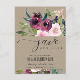 KRAFT BLUSH BURGUNDDY FLORAL BUNCH SAVE THE DATE ANKÜNDIGUNGSPOSTKARTE