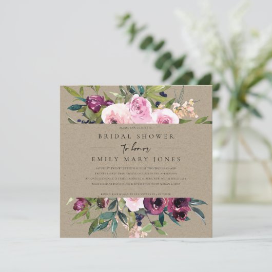 KRAFT BLUSH BURGUNDY FLORAL BUNCH BRAUTPARTY EINLADUNG (Stehend Vorderseite)