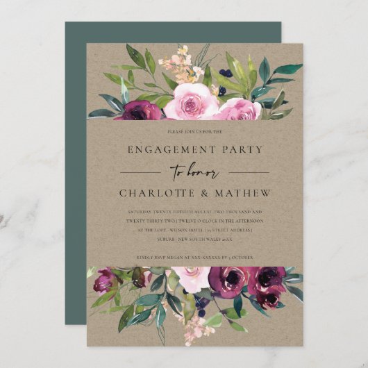 KRAFT BLUSH BURGUNDY FLORAL BUNCH ENGAGEMENT PARTE EINLADUNG (Vorne/Hinten)