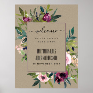 KRAFT BLUSH BURGUNDY FLORAL BUNCH WEDING WILLKOMME POSTER