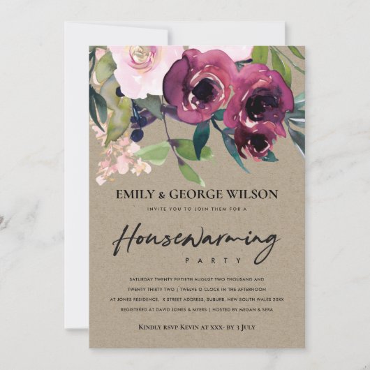 KRAFT BLUSH BURGUNDY FLORAL HOUSEWARMING PARTY EINLADUNG (Vorderseite)