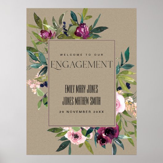 KRAFT BLUSH BURGUNDY FLORAL VERLOBUNG WILLKOMMEN POSTER (Vorne)