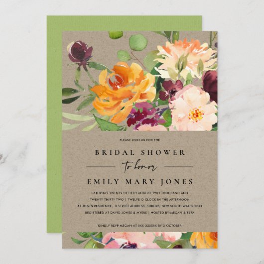 KRAFT BLUSH YELLOW ORANGE FLORAL BRAUTPARTY EINLADUNG (Vorne/Hinten)