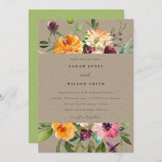 KRAFT BLUSH YELLOW ORANGE FLORAL BUNCH WEDD EINLADUNG (Vorne/Hinten)