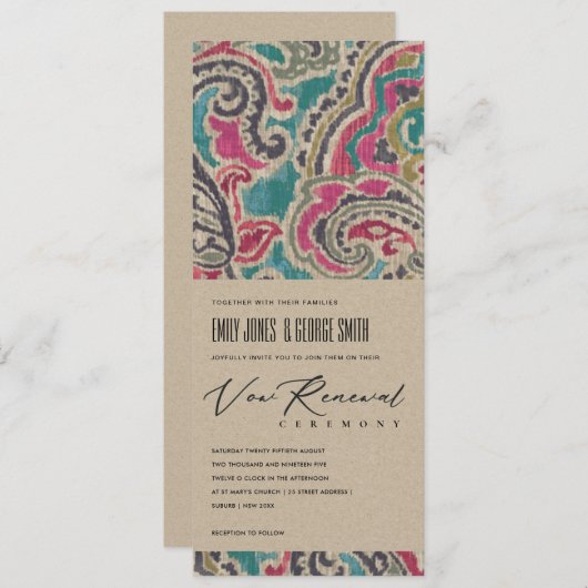 KRAFT BOHO IKAT TRIBAL PATTERN PINK VOW RENEWEL EINLADUNG (Vorne/Hinten)