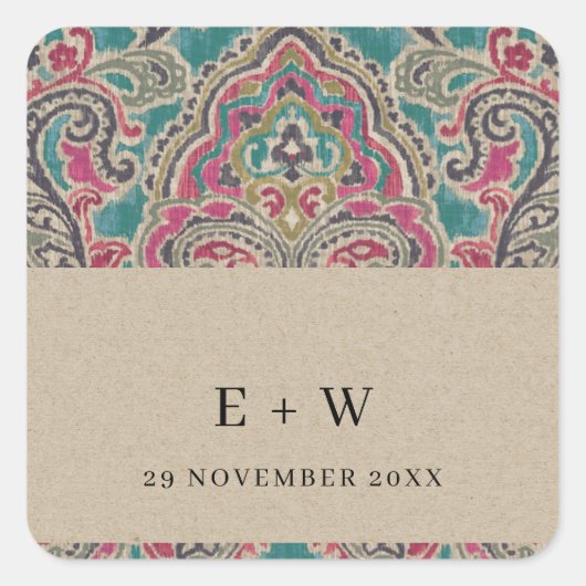 KRAFT BOHO TRIBAL IKAT PINK AQUAMARIN MONOGRAM WED QUADRATISCHER AUFKLEBER (Vorderseite)