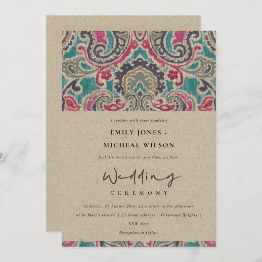 KRAFT BOHO TRIBAL IKAT PINK AQUAMARIN WEDDER INVIT DANKESKARTE (Vorne/Hinten)