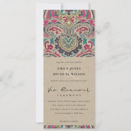 KRAFT BOHO TRIBAL IKAT PINK VOW RENEWAL INVITATION EINLADUNG (Vorderseite)