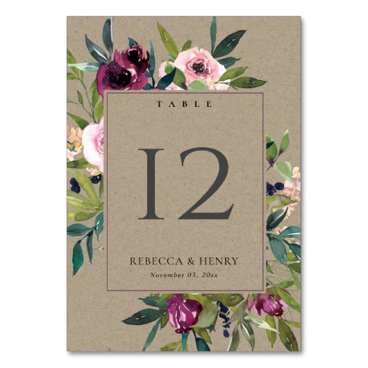 KRAFT BRIGHT BLUSH BURGUNDY FLORAL BUNCH WEDING TISCHNUMMER (Rückseite)