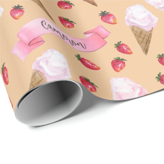 Kraft Brown Personalisiert Strawberry Ice Creme Co Geschenkpapier (Rolleneckpunkt)