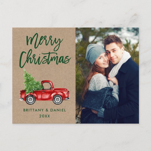 Kraft Brush Script Truck Couple Foto Weihnachten Postkarte (Vorderseite)