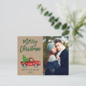 Kraft Brush Script Truck Couple Foto Weihnachten Postkarte (Stehend Vorderseite)