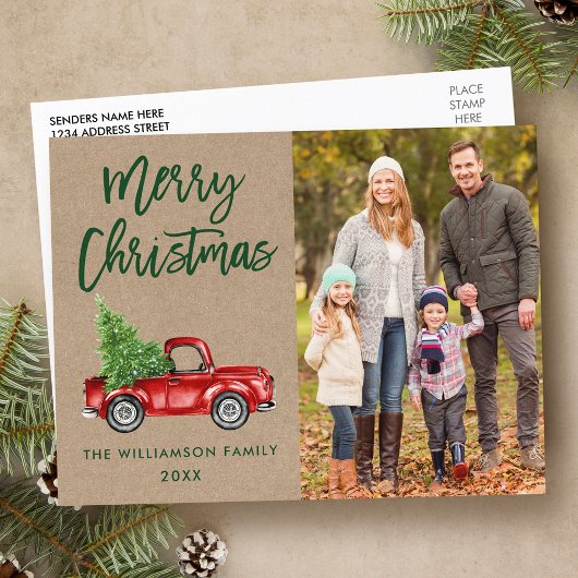 Kraft Brush Script Vintag Truck Foto Weihnachten Postkarte