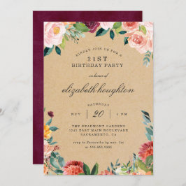Kraft Burgundy Blush Pink Floral Geburtstagsparty Einladung