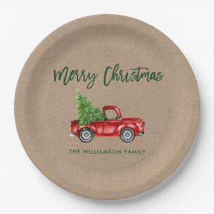 Kraft-Bürstenschrift Vintage-Roter LKW Weihnachten Pappteller