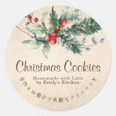 Kraft Christmas Cookie Box Label Holly Rustic Runder Aufkleber (Vorderseite)