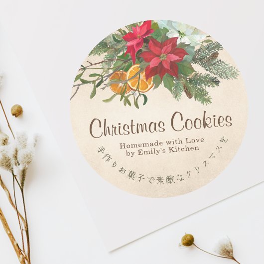 Kraft Christmas Cookie Label  Poinsettia Bouquet Runder Aufkleber