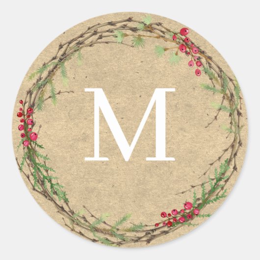 Kraft Christmas Wreath Monogram Seal Runder Aufkleber (Vorderseite)