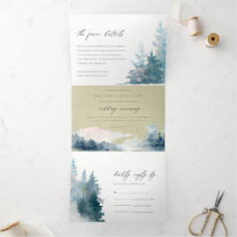 KRAFT DUSKY BLAUE BERGE PINE WATERCOLOR WEDD DREIFACH GEFALTETE EINLADUNG