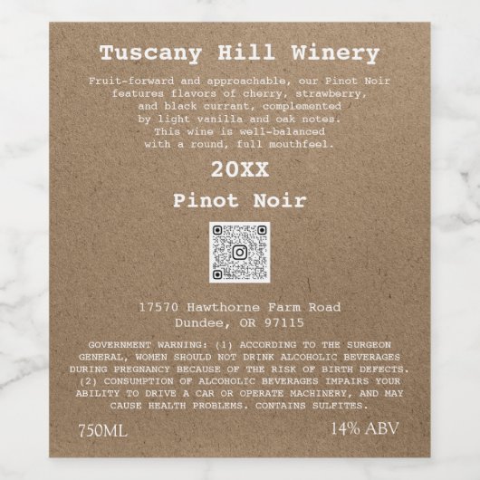 Kraft Effect Modern QR Code-LOGO Weinetikett (Einzelnes Label)