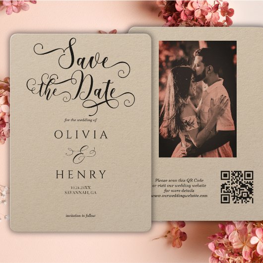 Kraft Eleganter Calligraphy Script Foto QR Code Save The Date