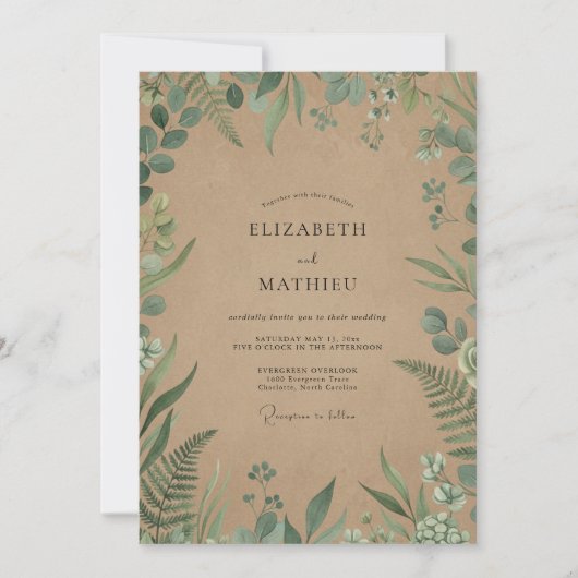 Kraft-Eukalyptus-Farn-Hochzeit Einladung (Vorderseite)